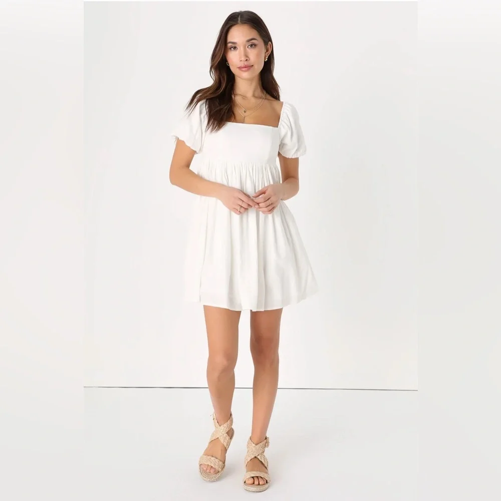 Lulus Coquette Girl White Puff Bubble Sleeve Babydoll Dress - Picture 2 of 3